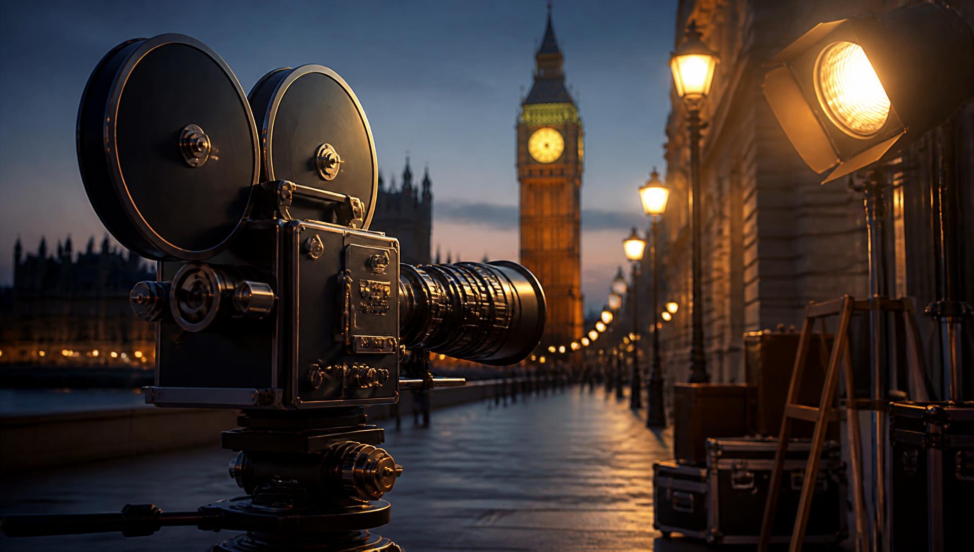 Vintage film camera on a London street at dusk with Big Ben in the background